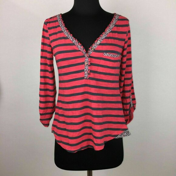 Anthropologie Postmark Henley Top Womens S Striped Floral Trim Roll Tab Sleeves - Picture 1 of 12